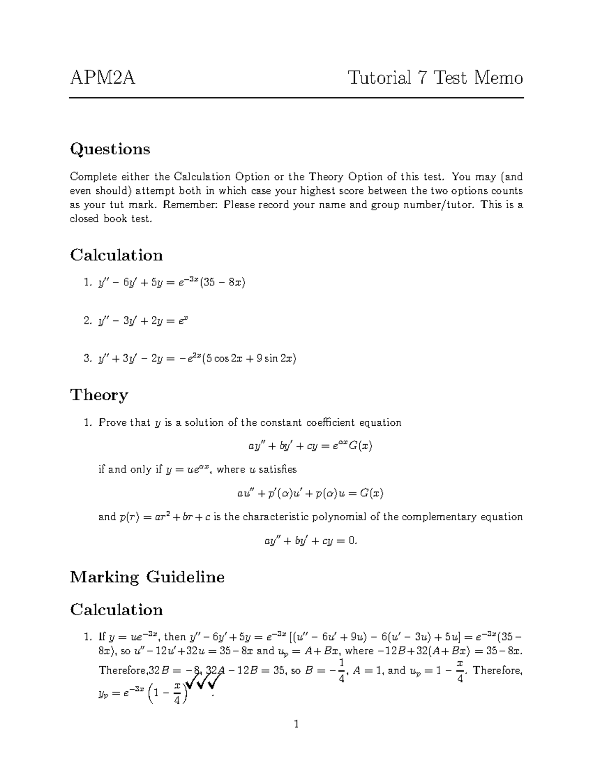 Tut Test 7 Memo - Tut Test 7 Memo - APM2A Tutorial 7 Test Memo ...