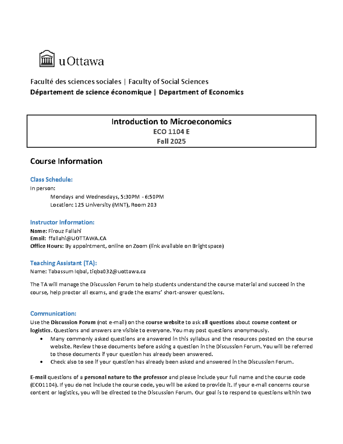 ECO 1104E Fall 2025: Introduction to Microeconomics Syllabus - Studocu