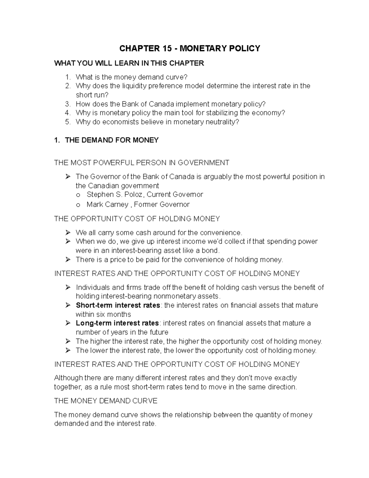 Chapter 15 Notes - CHAPTER 15 - MONETARY POLICY WHAT YOU WILL LEARN IN ...