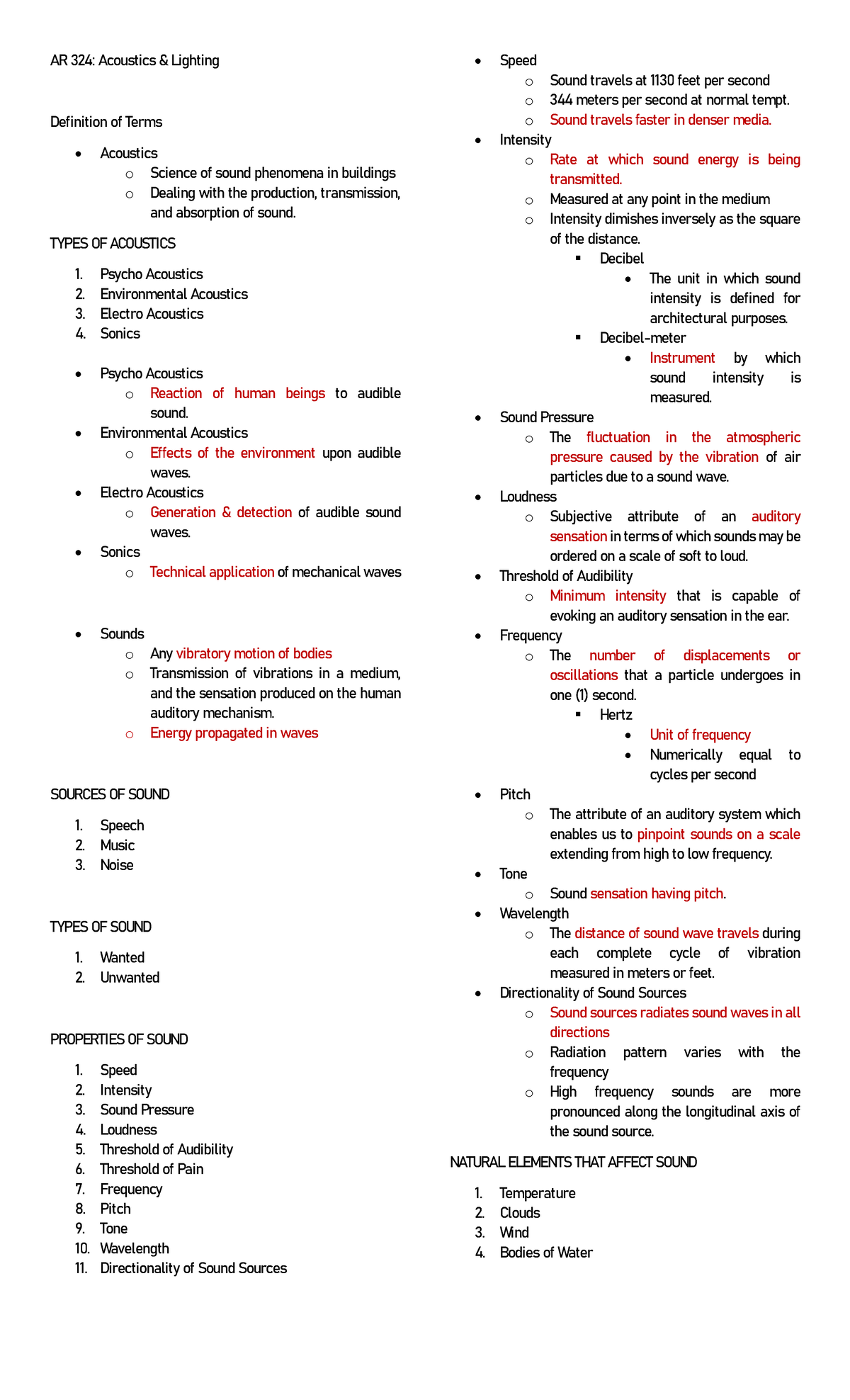 AR 324: Acoustics - Key Terms and Concepts Overview - Studocu