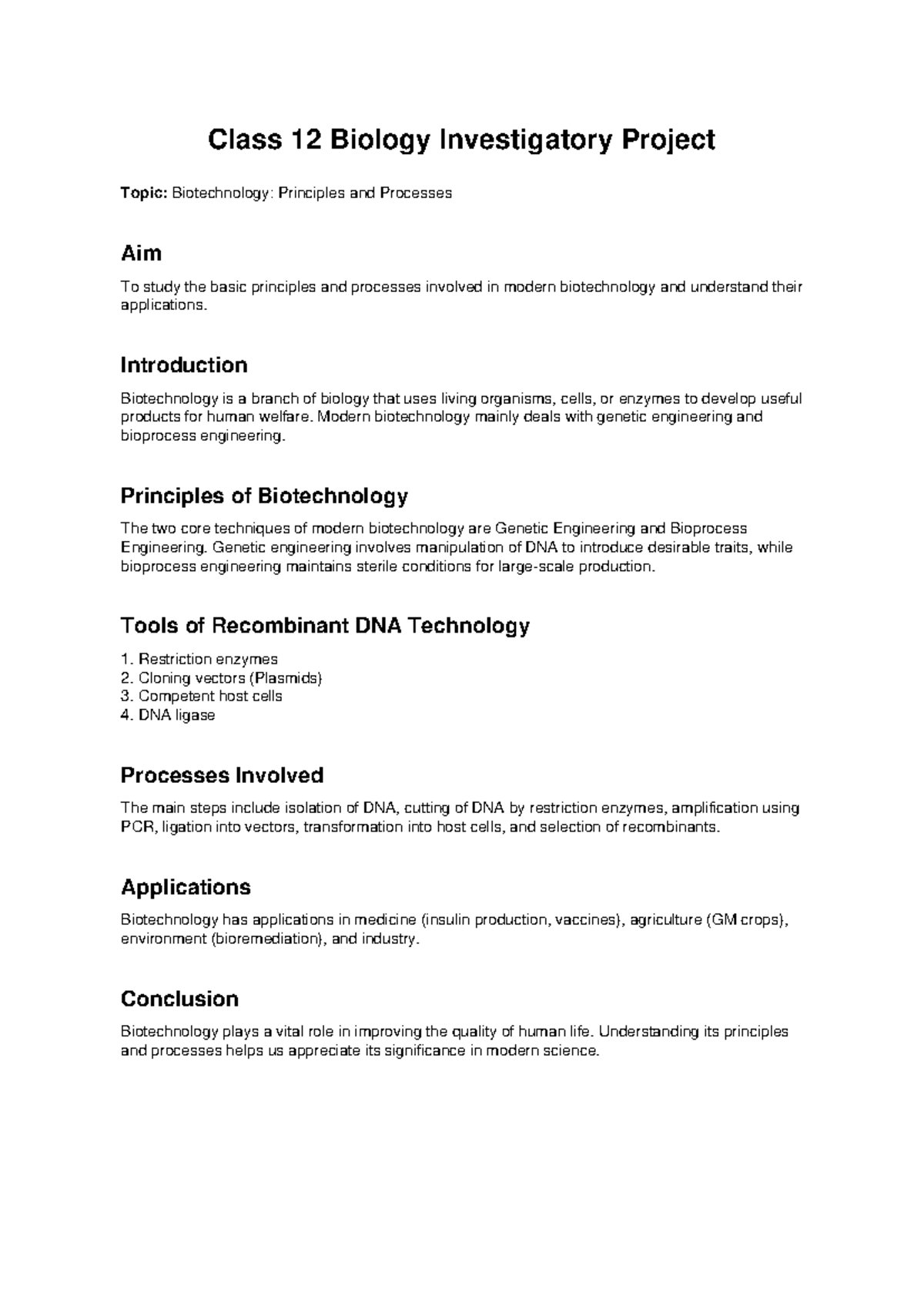 Class 12 Biology Investigatory Project: Biotechnology Principles ...