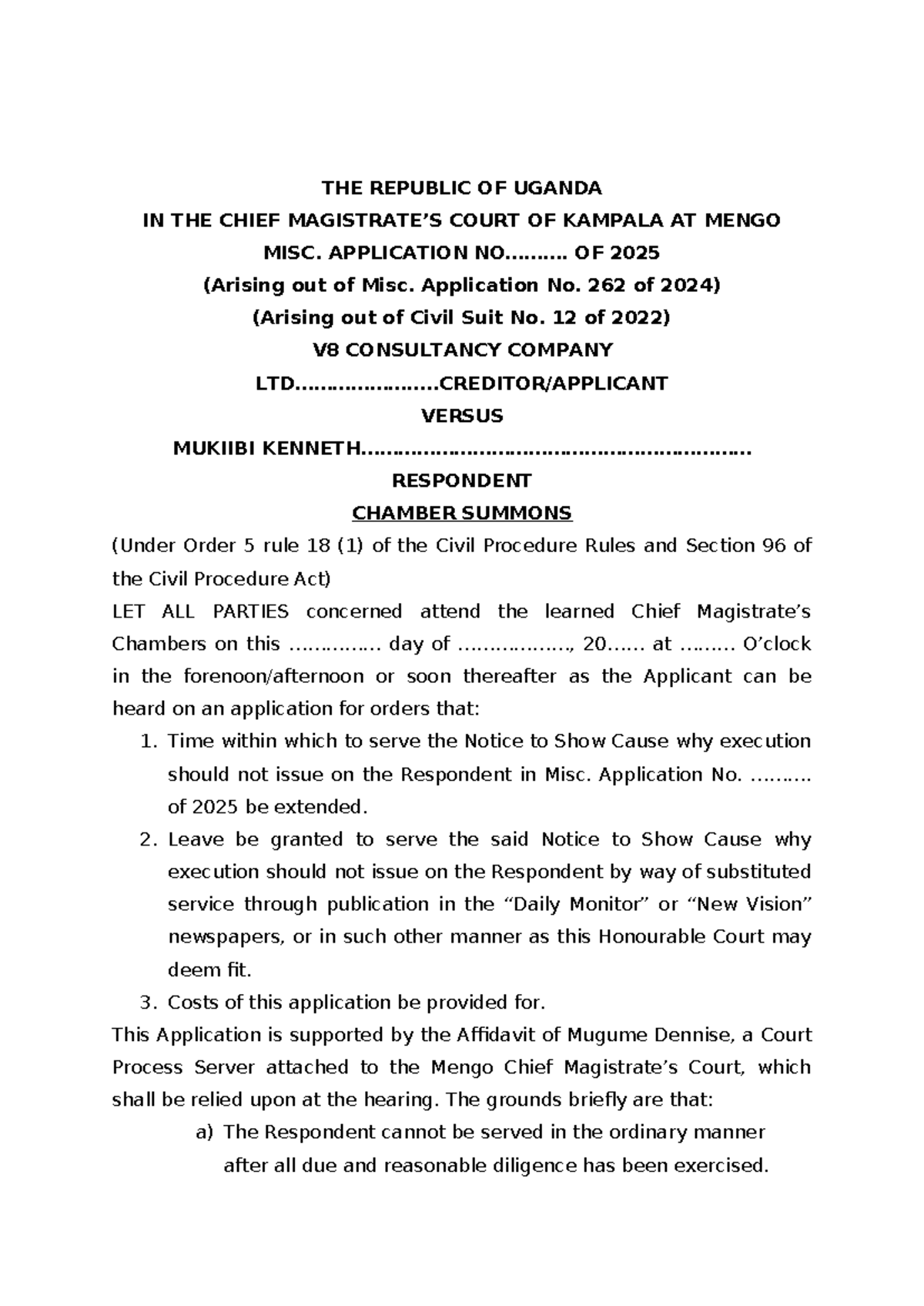 Chamber Summons: V8 Consultancy Co. vs. Mukiibi - Misc. App. 2025 - Studocu