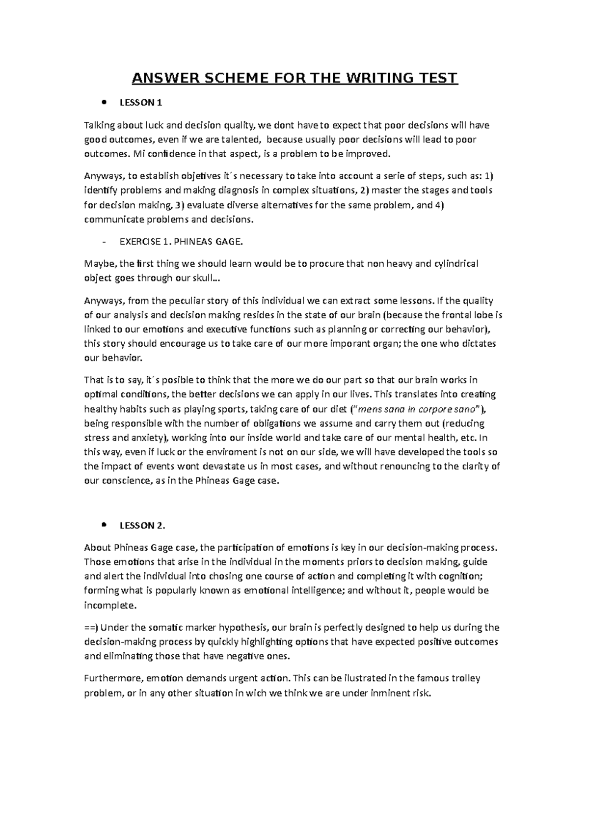 Answer Scheme FOR THE Writing TEST - ANSWER SCHEME FOR THE WRITING TEST ...