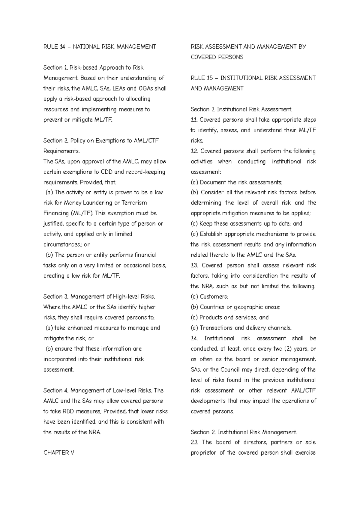 RULE 14 & 15: National & Institutional Risk Management Guidelines - Studocu