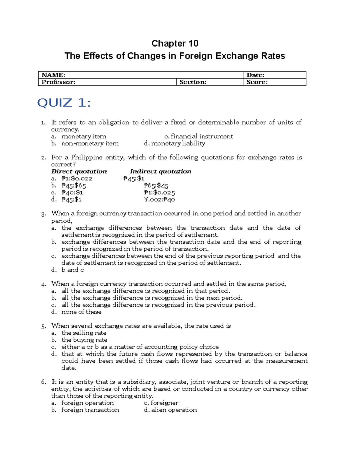 Chapter 10: Effects of Foreign Exchange Rates - Quiz & Notes - Studocu