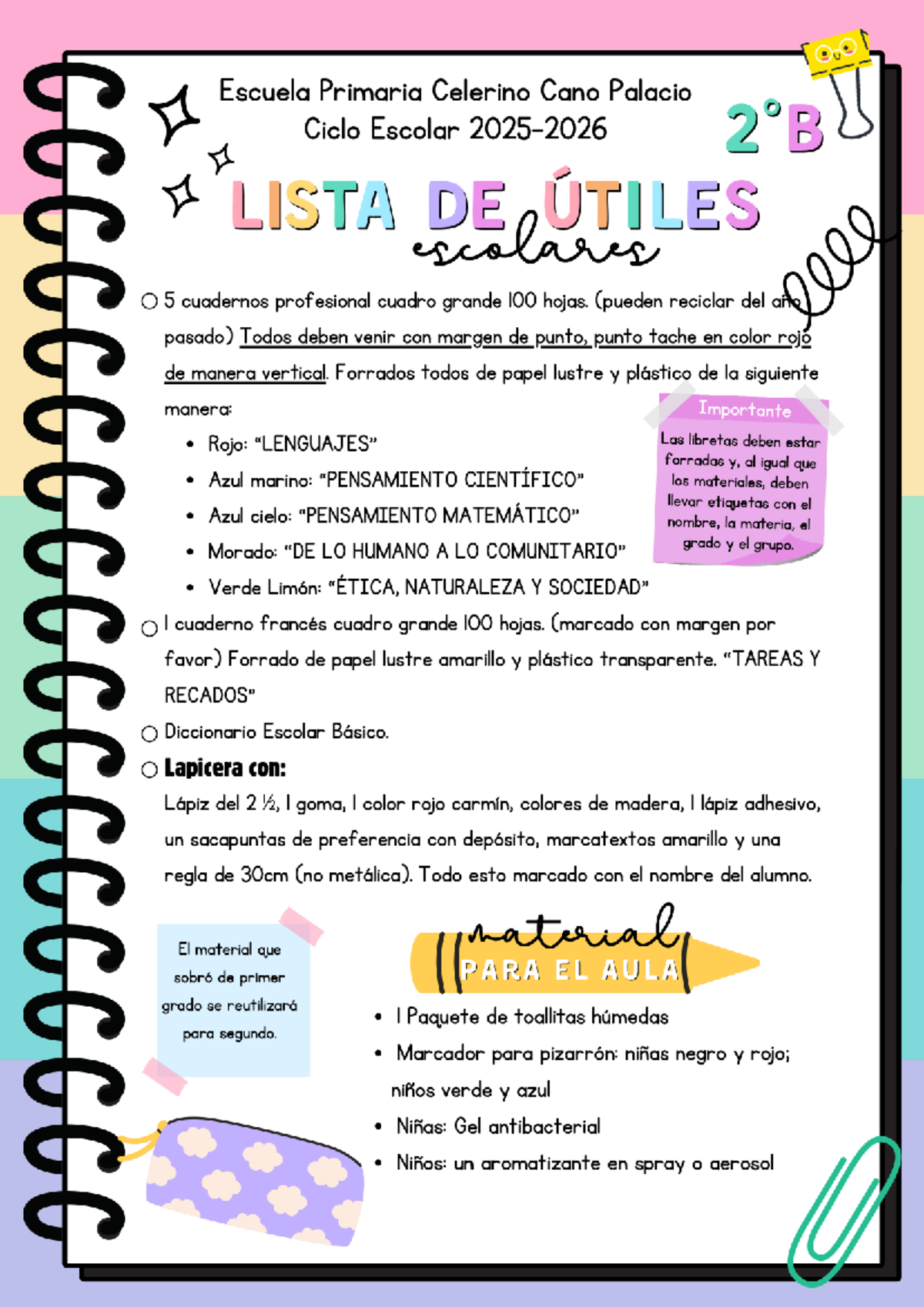 Lista de Útiles Escolares 2do Grado, Grupo B - Ciclo Escolar 2025 - Studocu