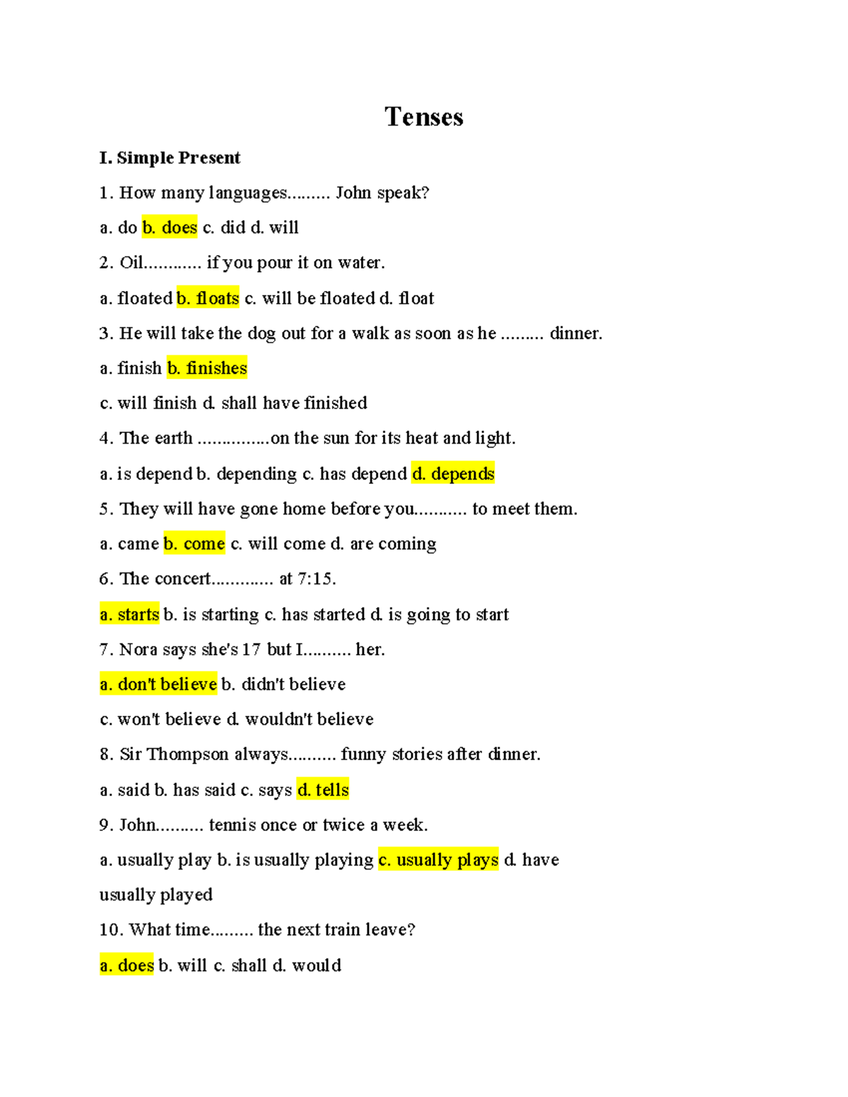 Tenses I: Simple Present & Continuous Practice Exercises - Studocu