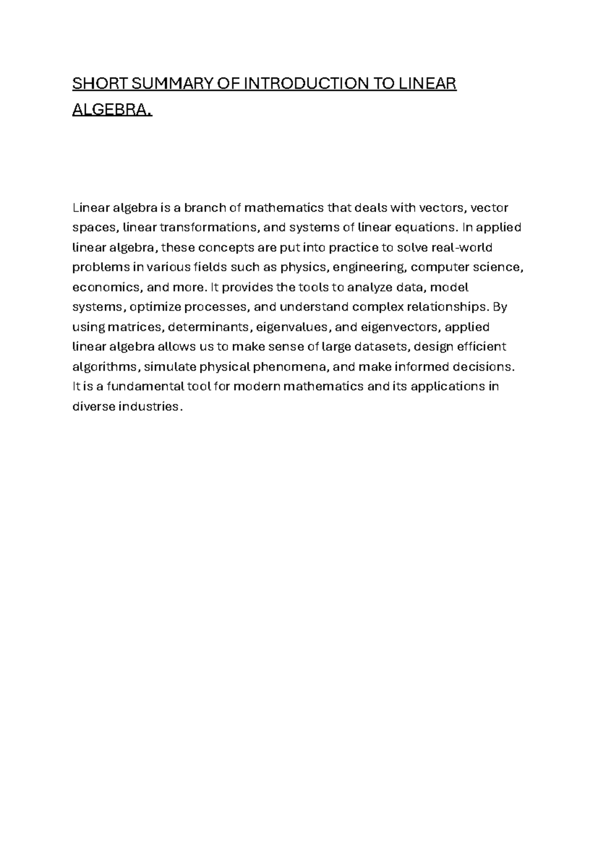 Short Summary of Introduction to Linear Algebra Concepts - Studocu