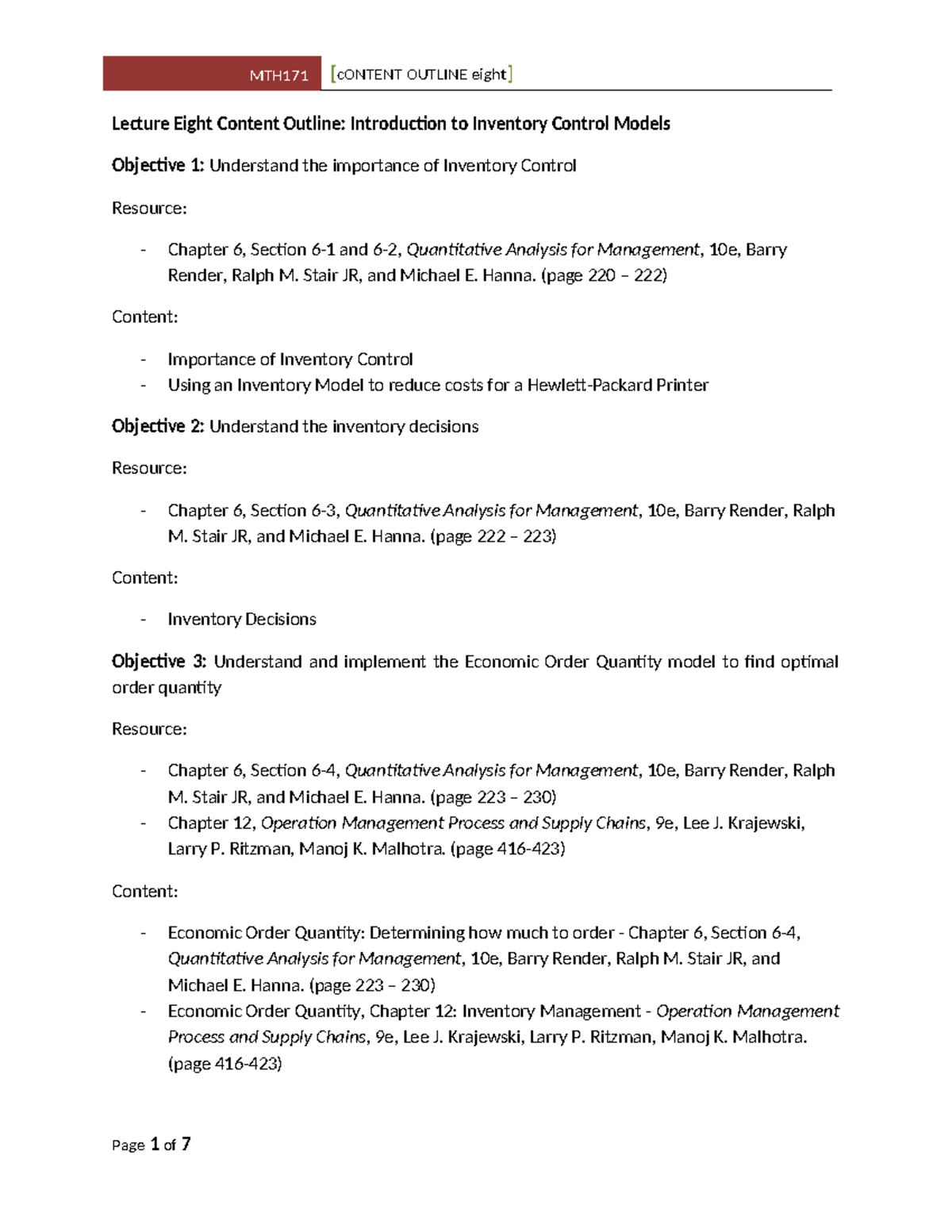 Inventory Control Models Overview - MTH 171 Lecture Notes - Studocu