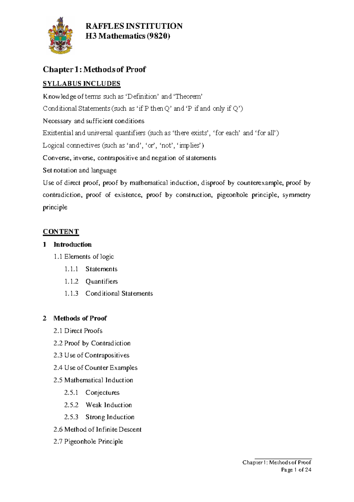 RAFFLES INSTITUTION H3 Mathematics (9820) Lecture Notes on Methods of ...