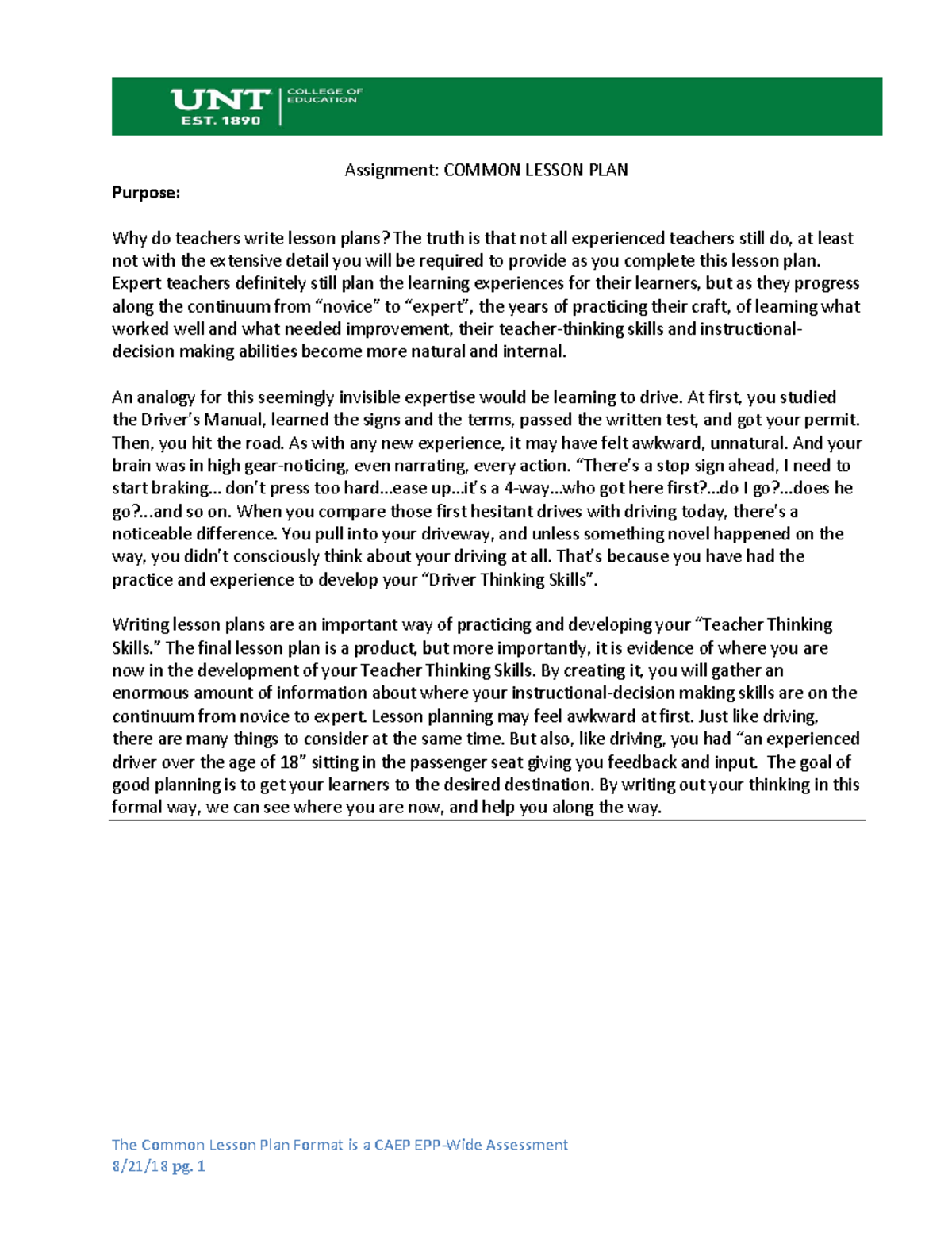 UNT Common Lesson Plan Template - CAEP EPP Assessment Guide - Studocu