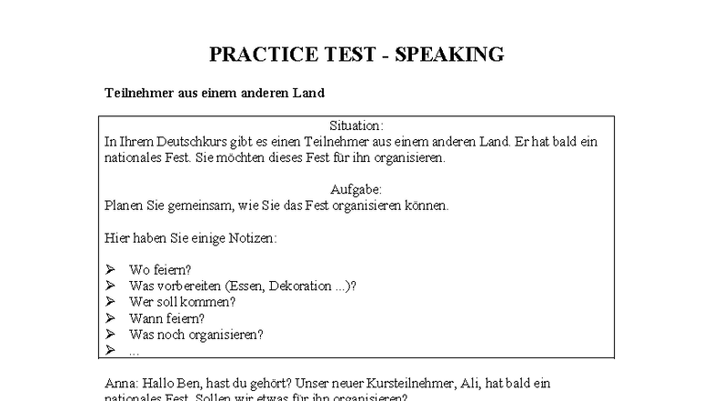 PRACTICE TEST - SPEAKING: Dialogue Scenarios for German Course - Studocu