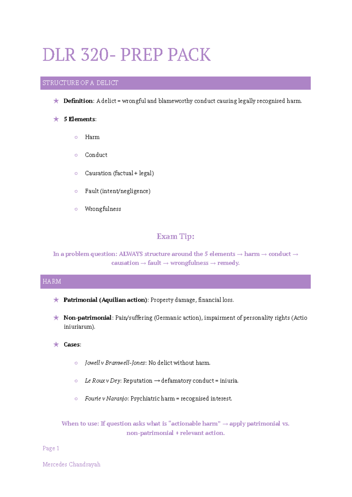 DLR TEST 1 PREP PACK - Structure of a Delict Overview - Studocu
