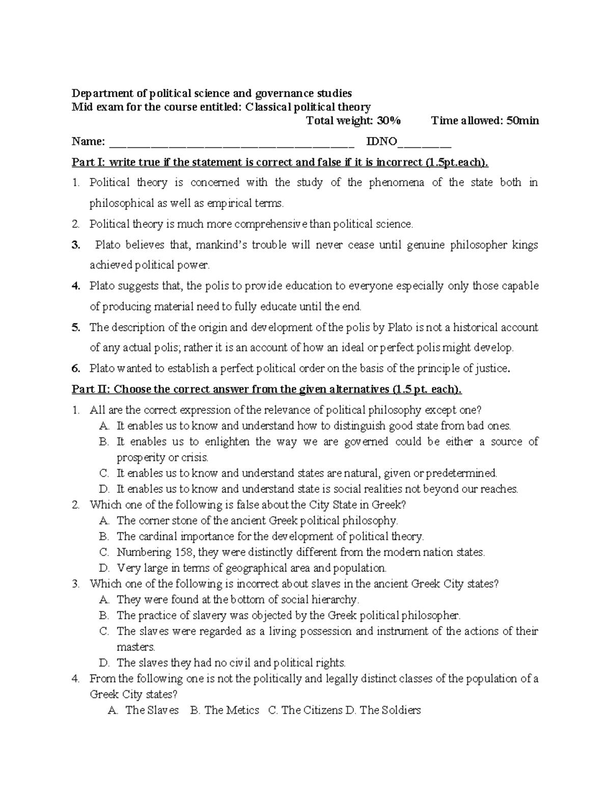 Mid Exam PSIR 11: Classical Political Theory Overview and Questions ...