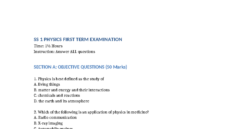 SS 1 PHYSICS FIRST TERM EXAMINATION QUESTIONS & ANSWERS - Studocu