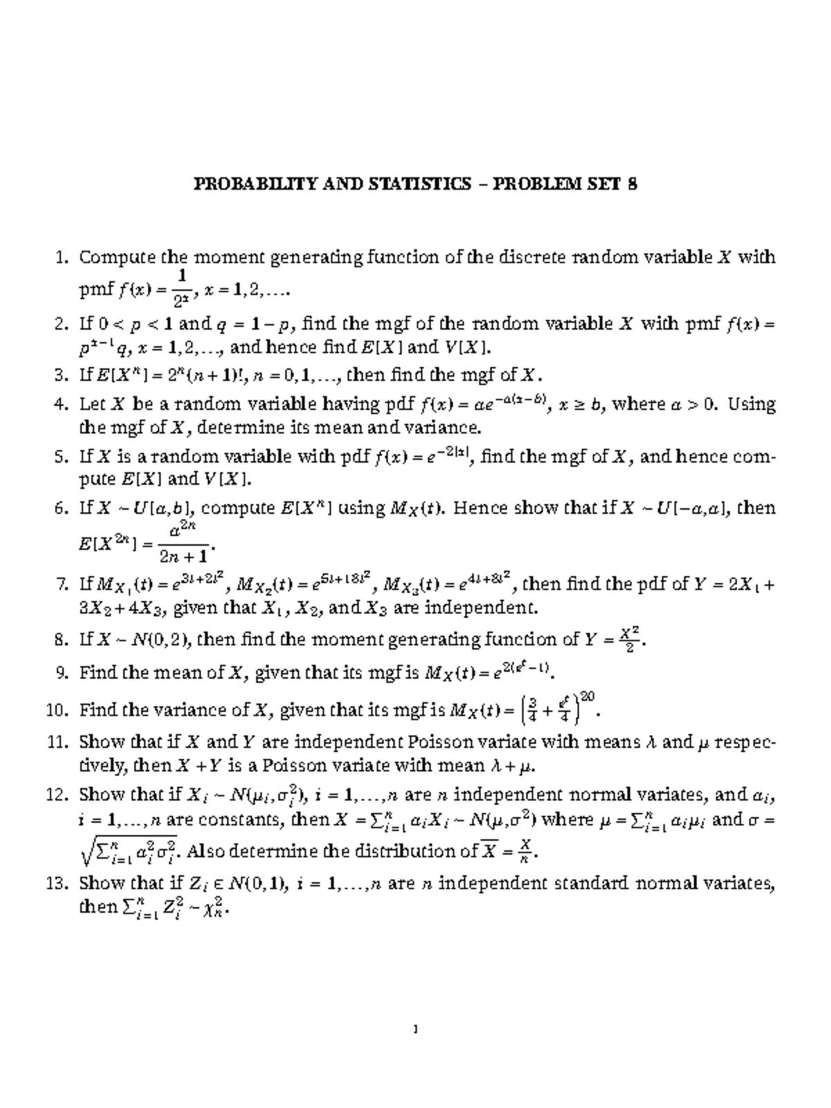 Probability and Statistics Problem Set 7: Discrete Random Variables ...