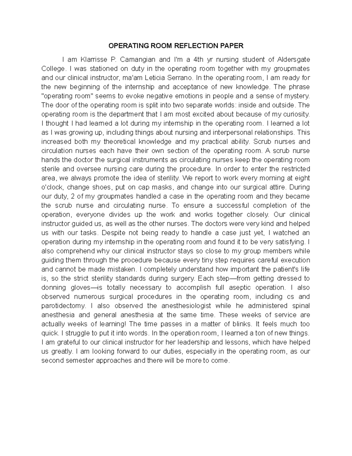Reflections on Clinical Experience: OR and ER - Nursing 101 - Studocu