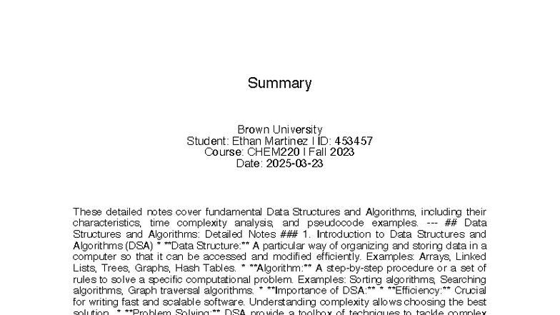 CHEM220 Fall 2023: Data Structures & Algorithms Detailed Notes - Studocu