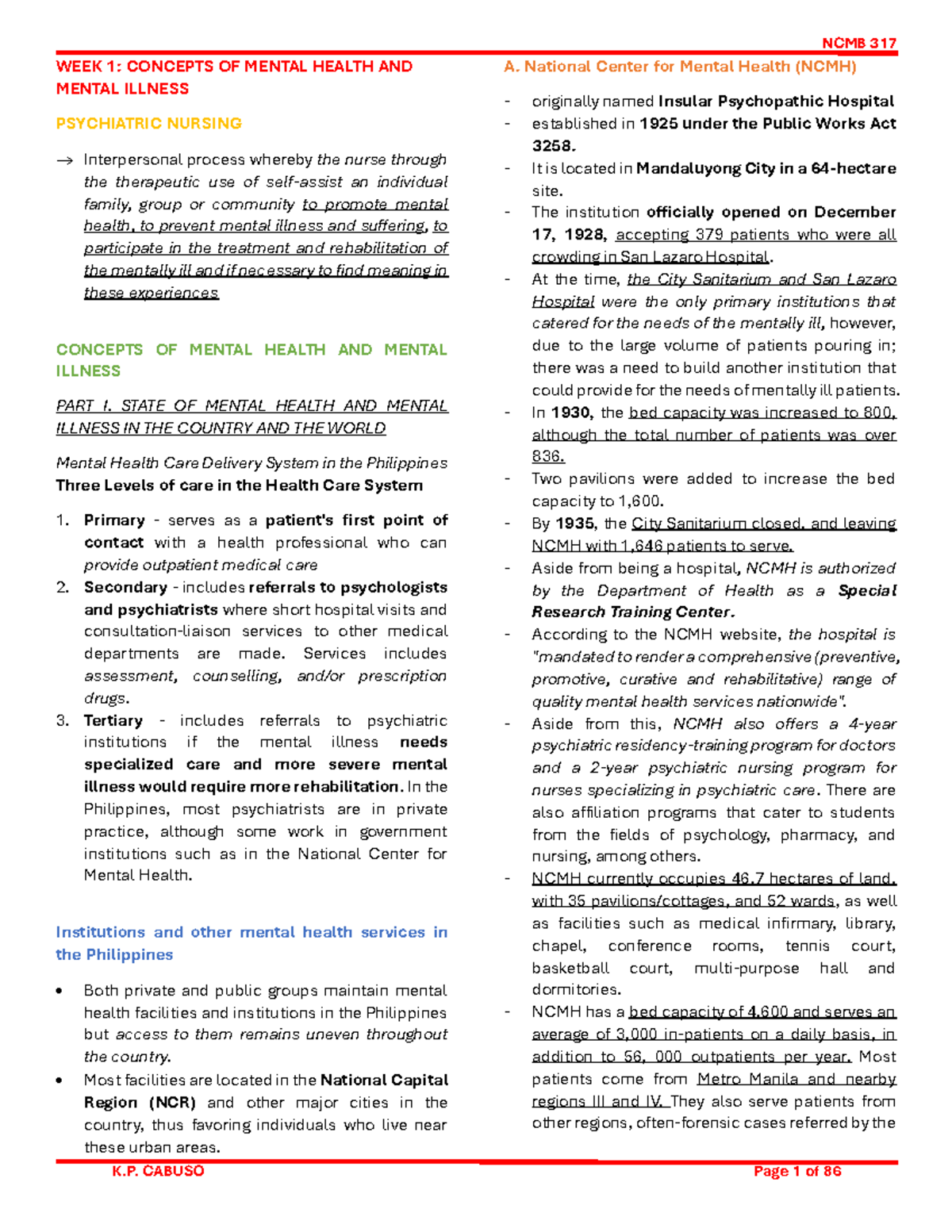 NCMB 317 WEEK 1: MENTAL HEALTH CONCEPTS IN PSYCHIATRIC NURSING - Studocu