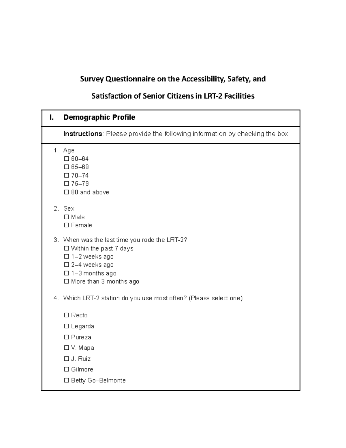 Survey Questionnaire on Accessibility & Safety for Seniors in ...