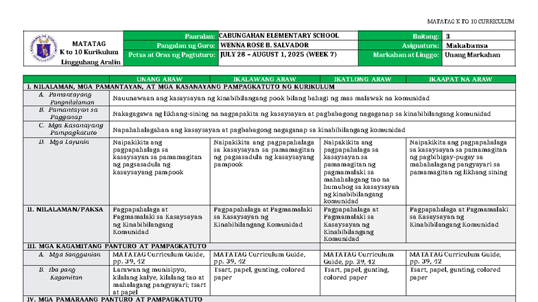 MATATAG K TO 10 CURRICULUM DLL Makabansa 3 Week 7 Lesson Plan - Studocu