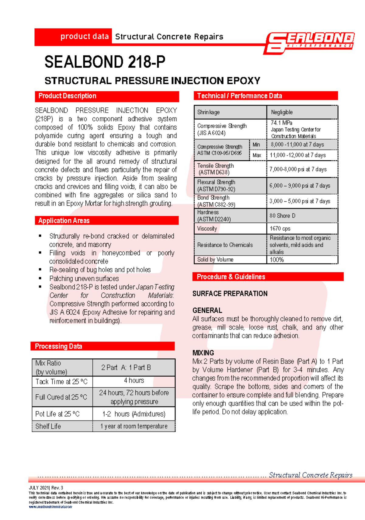 Sealbond 218 P Structural Pressure Injection Epoxy Product Data - Studocu