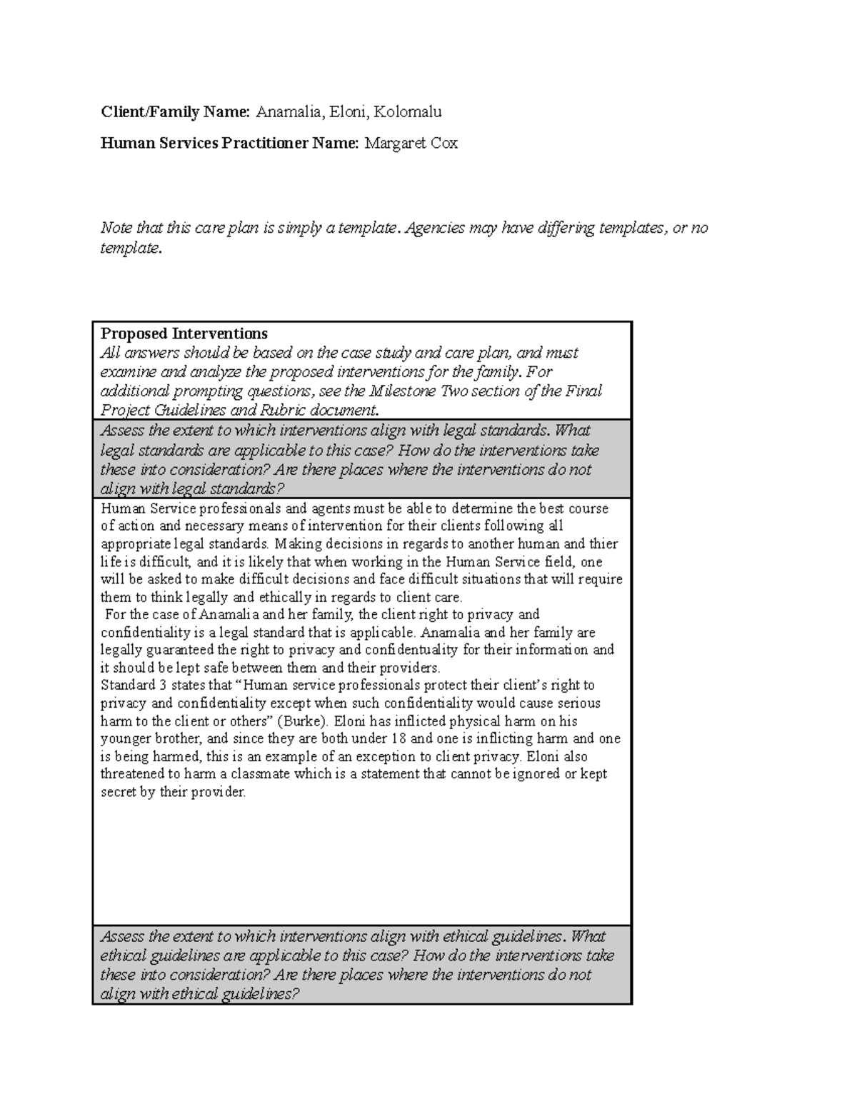 HSE-315 Final Project Milestone Two: Client Care Plan Analysis - Studocu