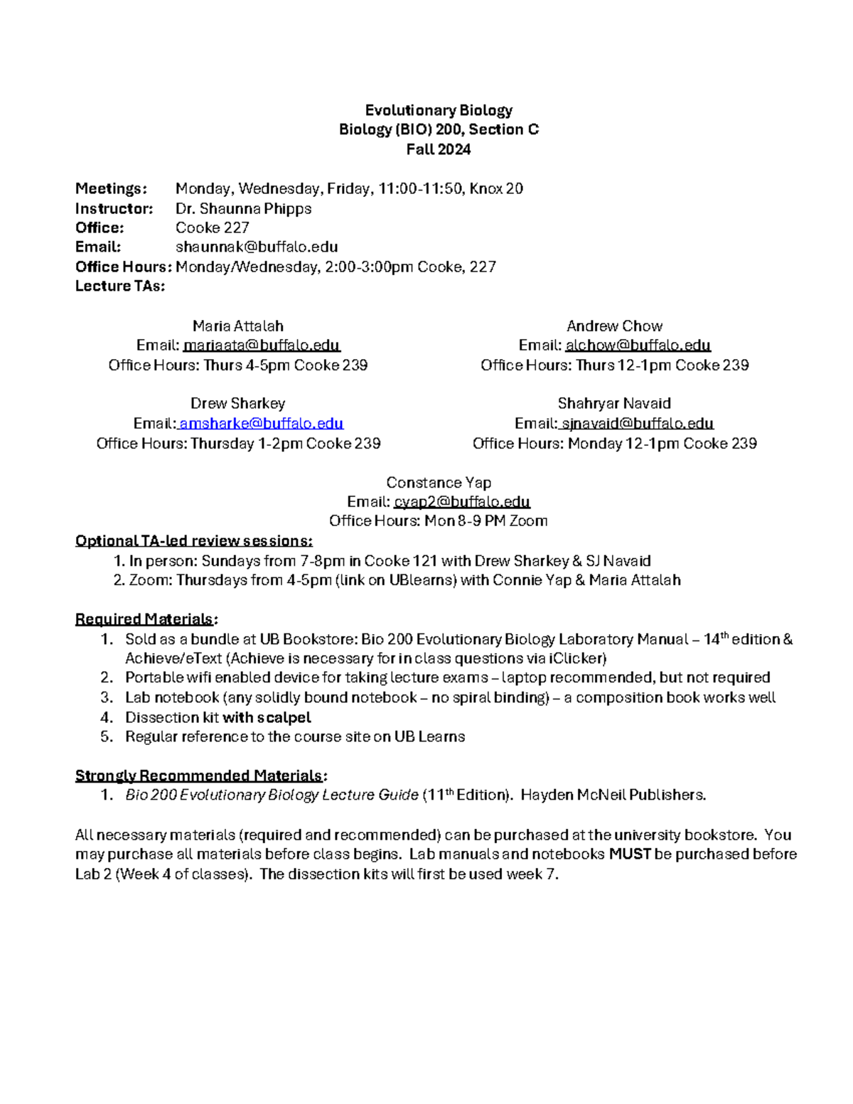 BIO 200 Fall 2024 Syllabus: Evolutionary Biology Class Details - Studocu