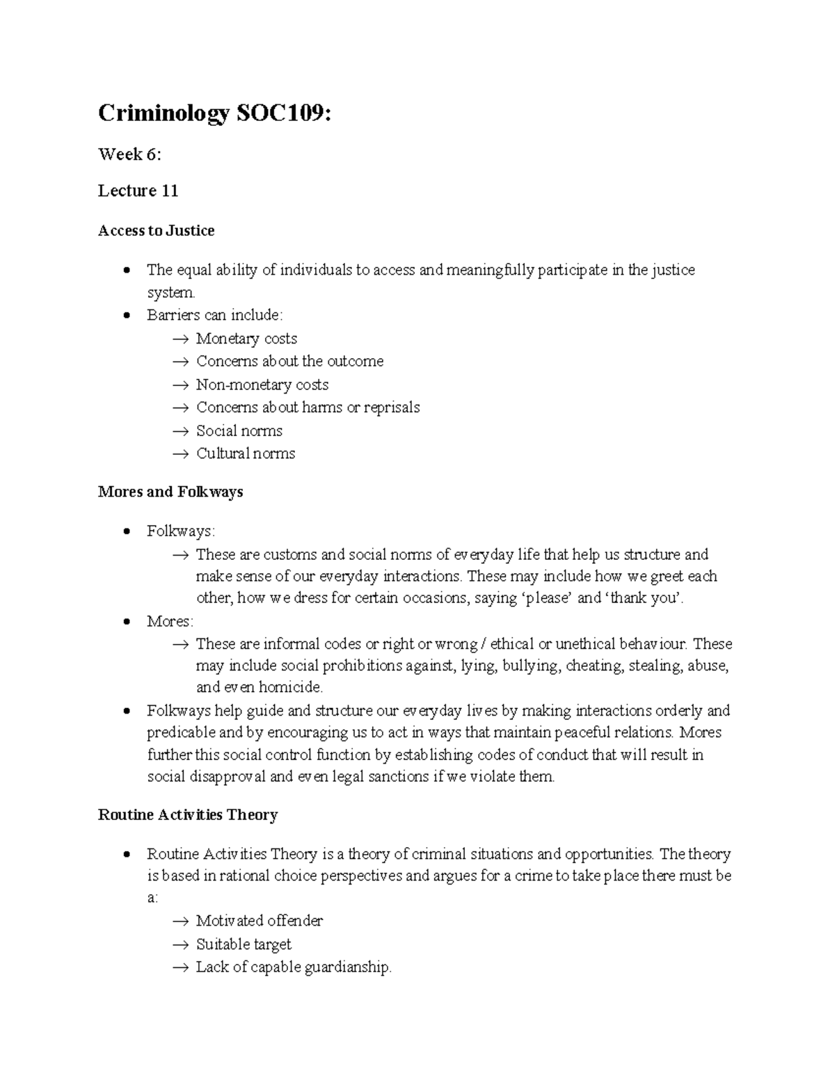 SOC109: Week 6 Lecture Notes on Access to Justice and Crime Theories ...