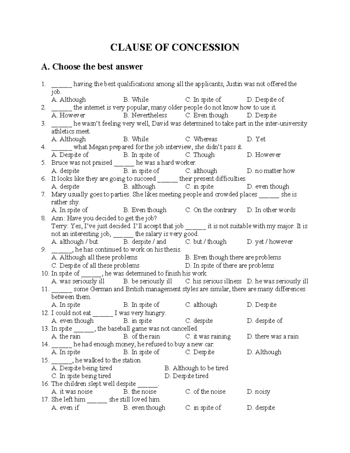 CLAUSE OF CONCESSION: Practice Questions and Answers - Studocu