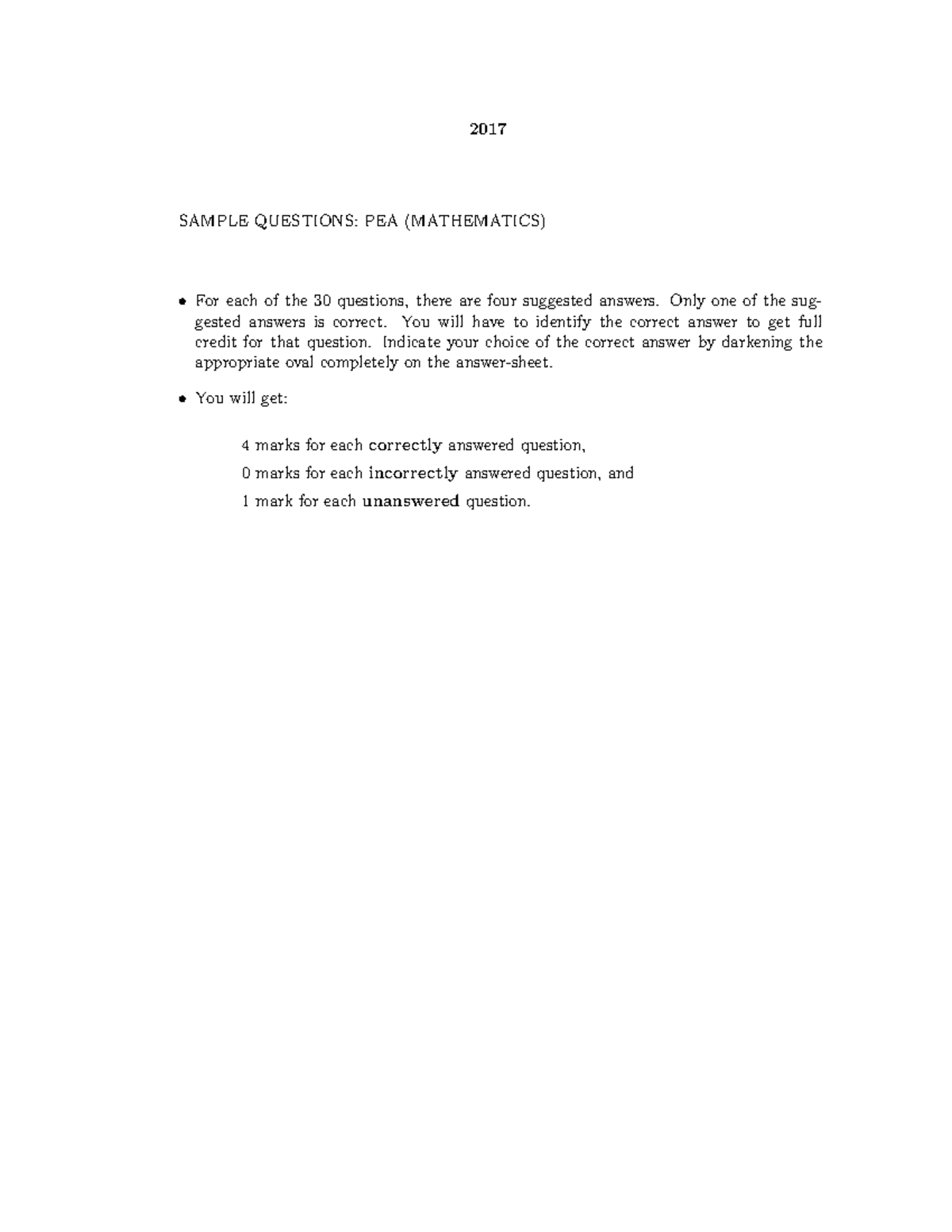 ISI 2017 MSQE PEA - 2017 SAMPLE QUESTIONS: PEA (MATHEMATICS) For each ...