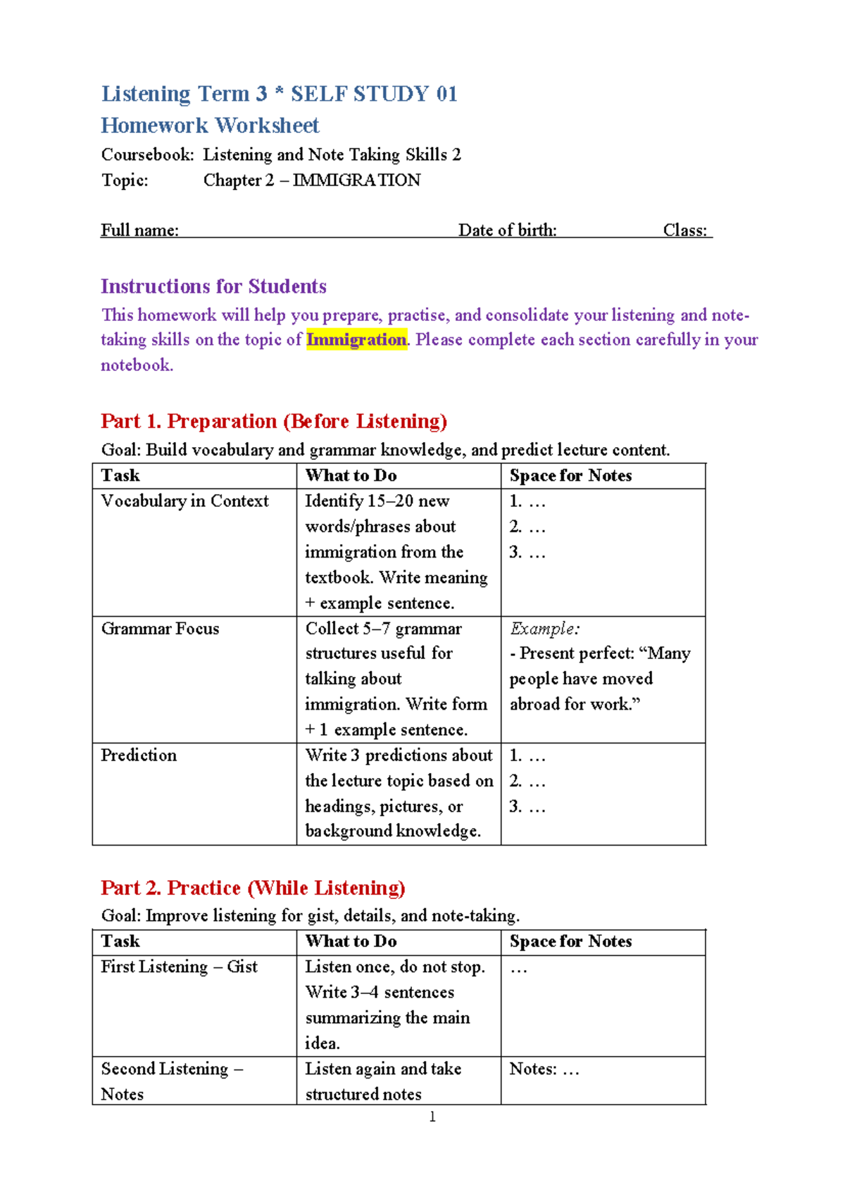 Listening and Note Taking Skills 2: SELF Study 01 Immigration WS - Studocu