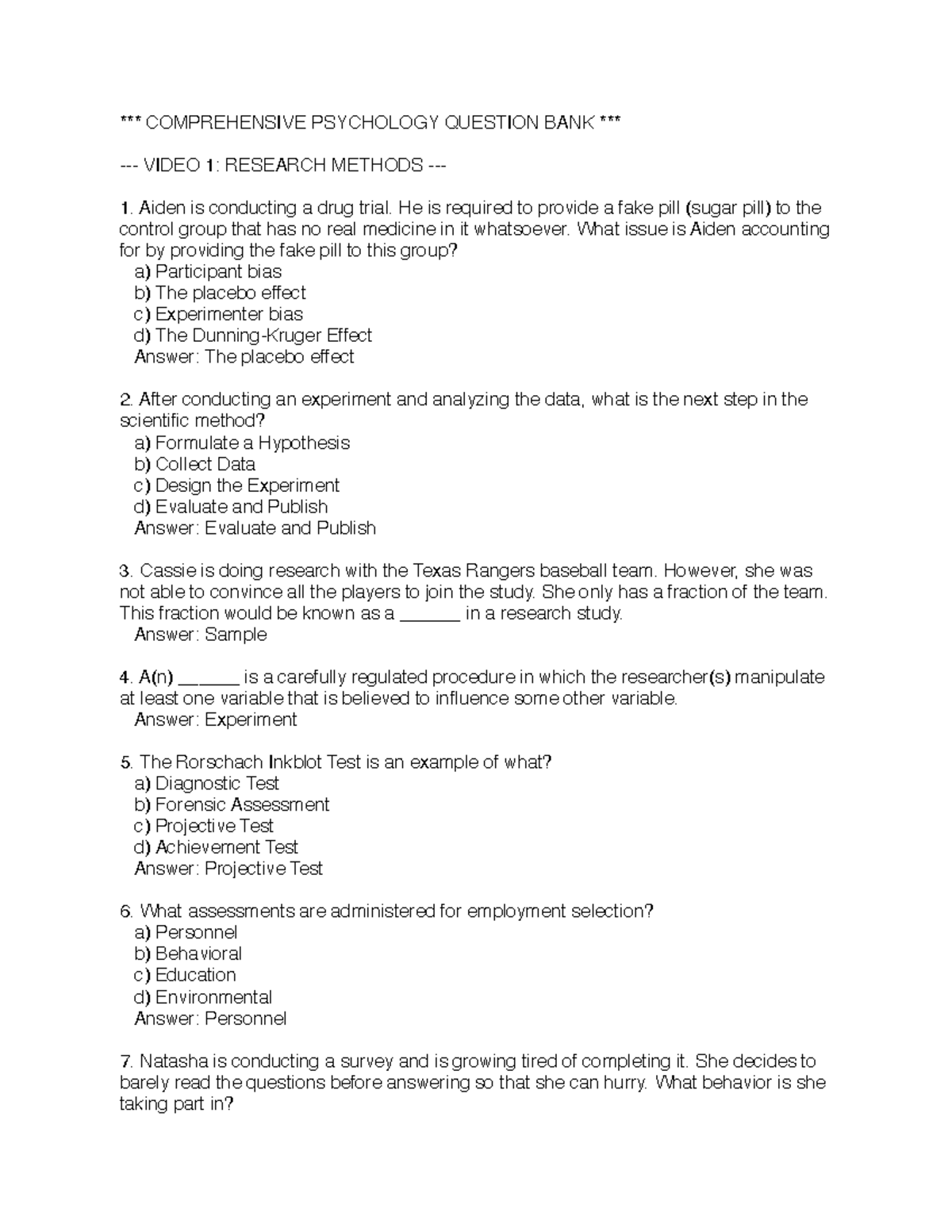 Comprehensive Psychology Question Bank - Research Methods - Studocu
