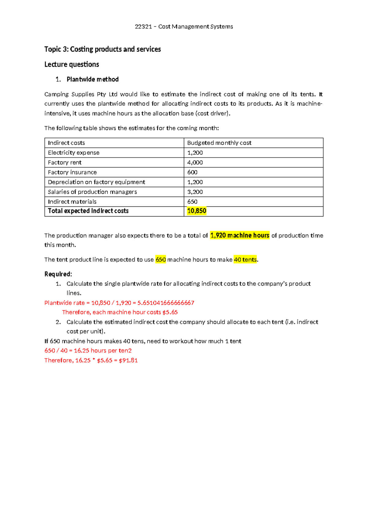 22321 Cost Management Systems: Topic 3 - Lecture Questions on Costing ...