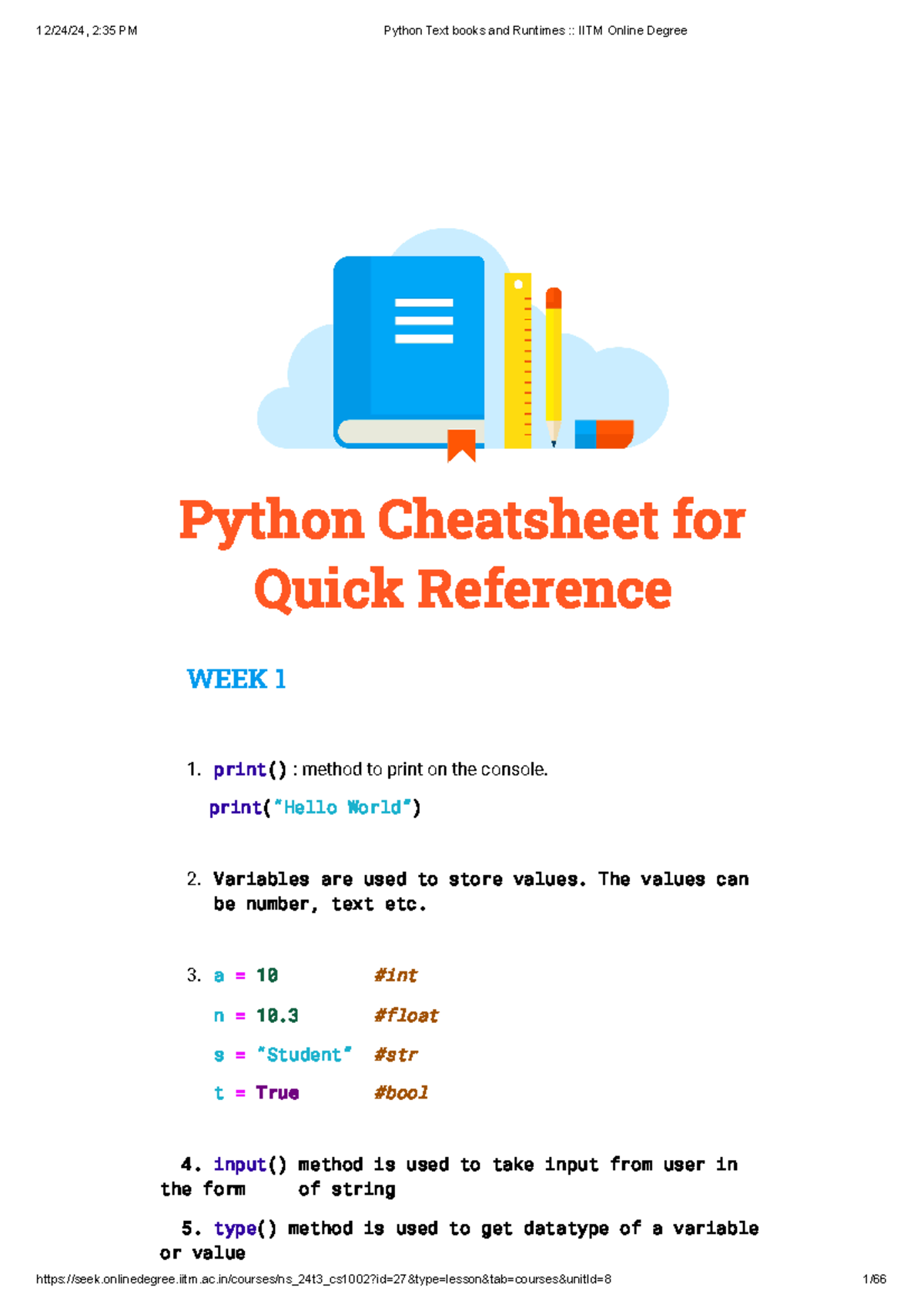 Python Cheatsheet Quick Reference For IITM Online Degree Studocu