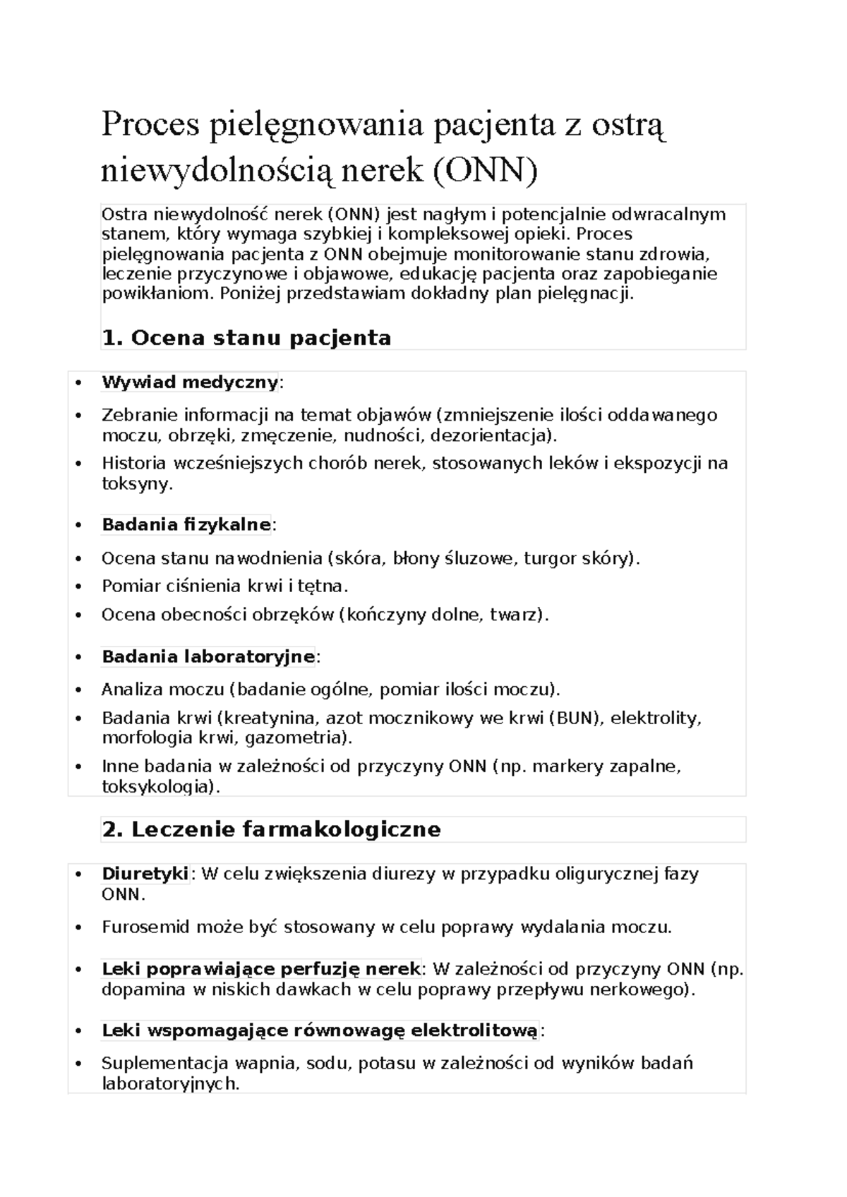 Proces pielęgnowania pacjenta z ONN: Plan opieki i monitorowania - Studocu