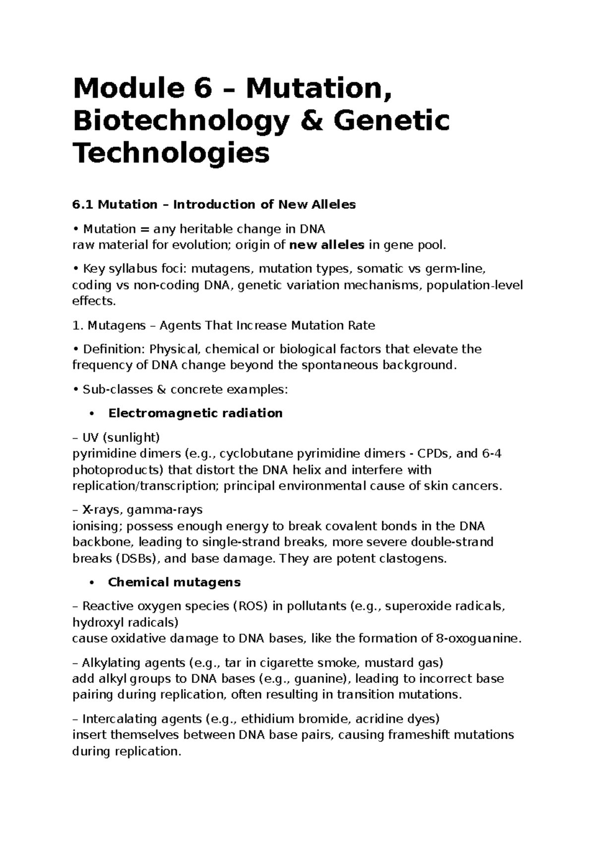 Module 6 Summary Notes: Mutation & Genetic Technologies - Studocu
