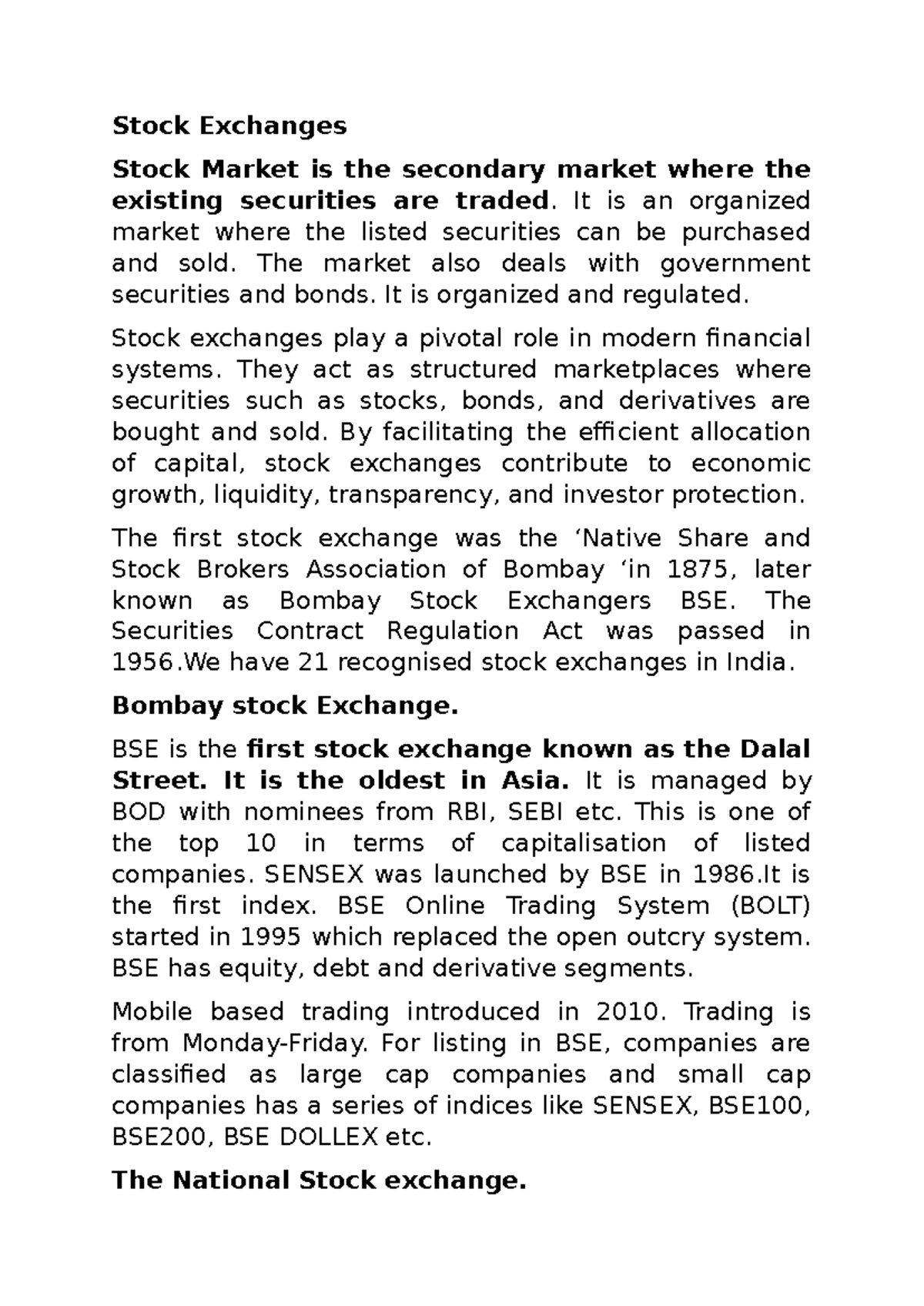 Stock Exchanges: Overview of BSE and NSE in India - Studocu