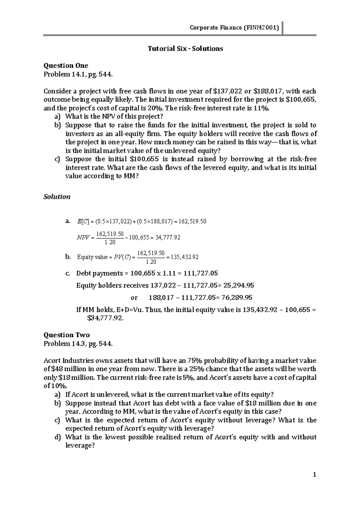 Corporate Finance (FINM2001) Tutorial 6 Solutions: NPV & Equity ...