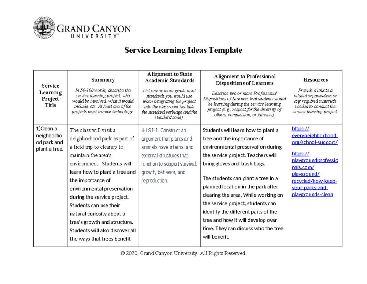 EDU-330-T4-Service Learning Project Ideas Template - Studocu