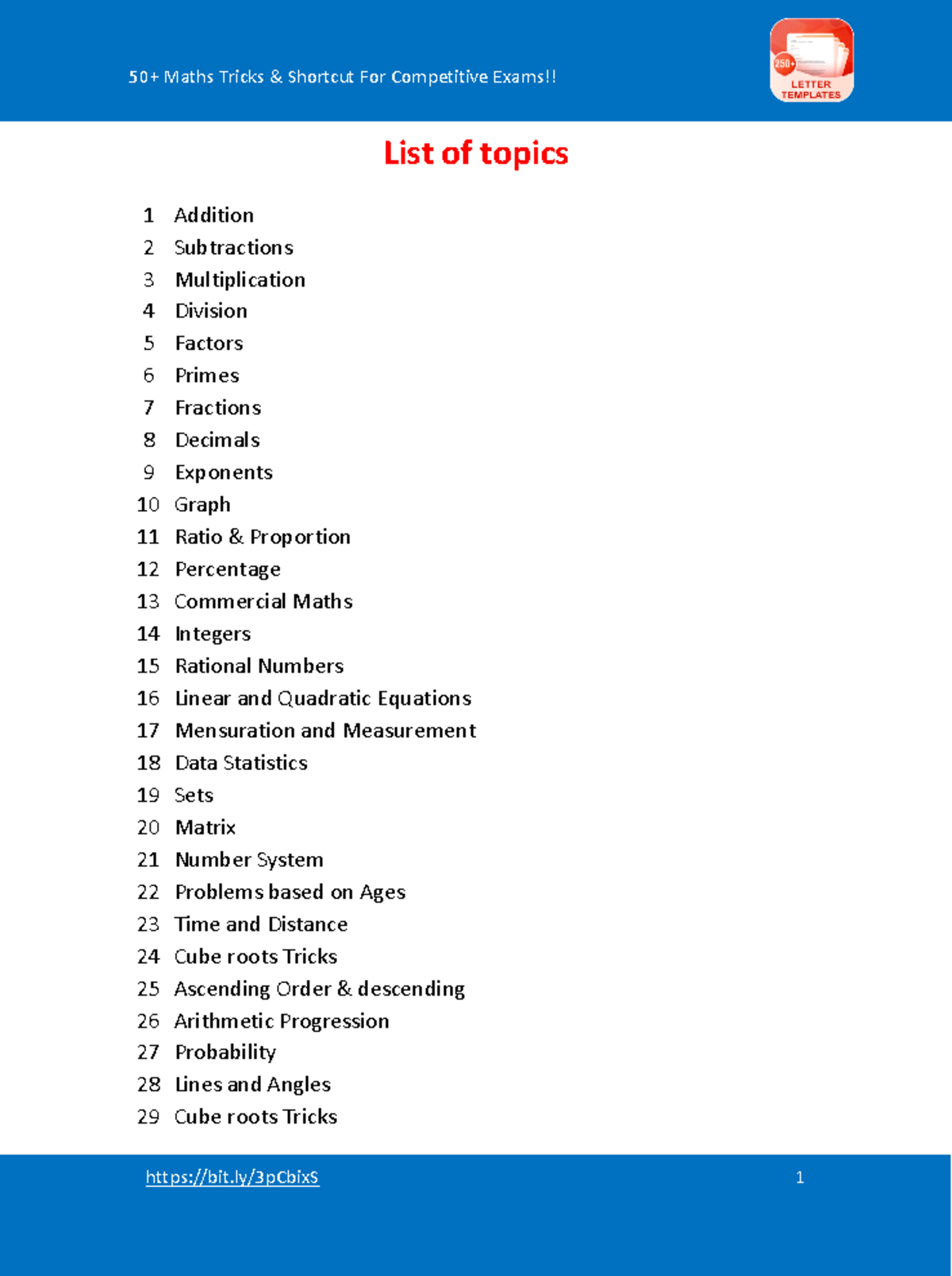 Ilide - for math foundation - List of topics 1 Addition 2 Subtractions ...