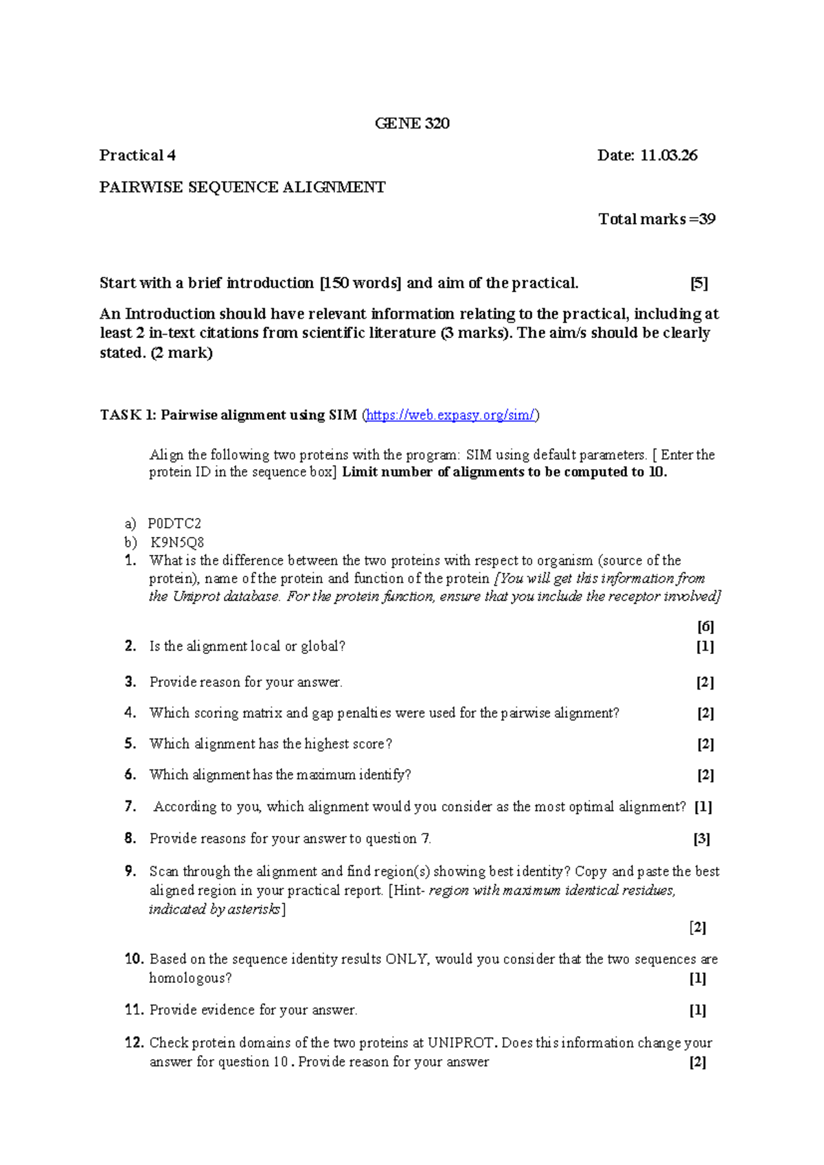 GENE 320 Practical 4: Pairwise Sequence Alignment Analysis - Studocu
