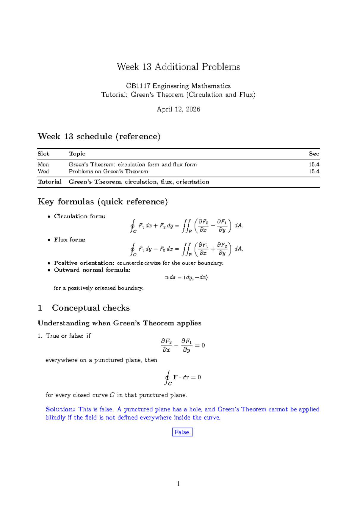 Week 13 Engineering Mathematics Tutorial: Circulation and Flux Problems ...