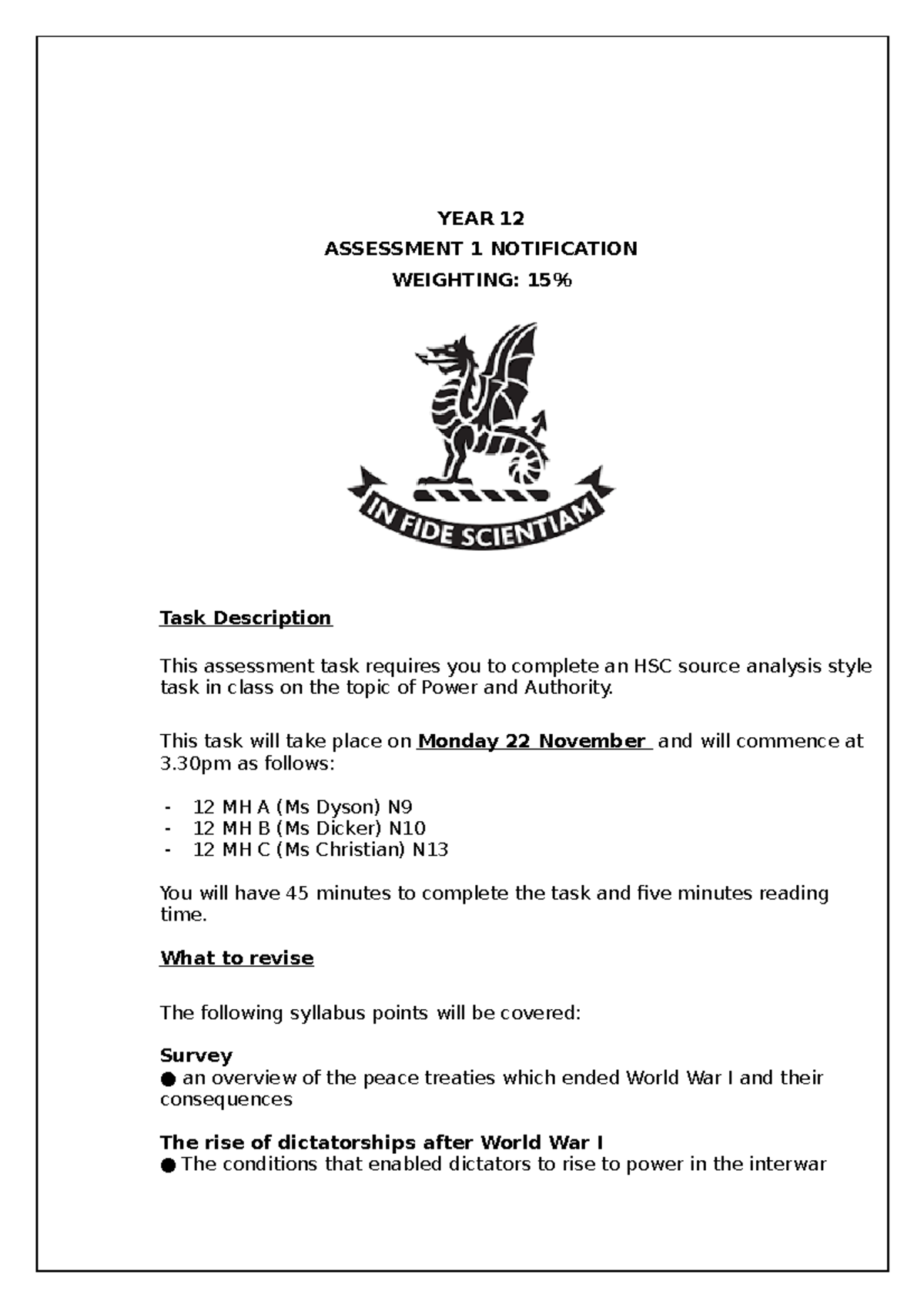 Year 12 Modern History Assessment 1: Power and Authority Review - Studocu