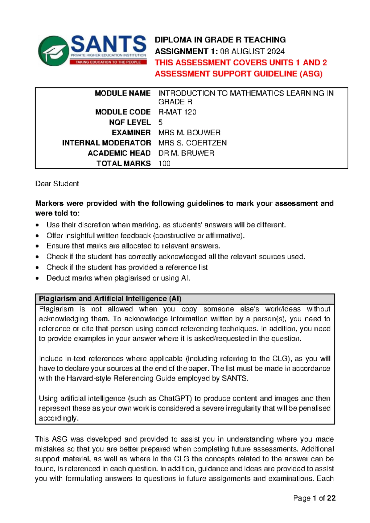 DIPLOMA IN GRADE R TEACHING: ASSIGNMENT 1 GUIDELINES (MODULE 120) - Studocu