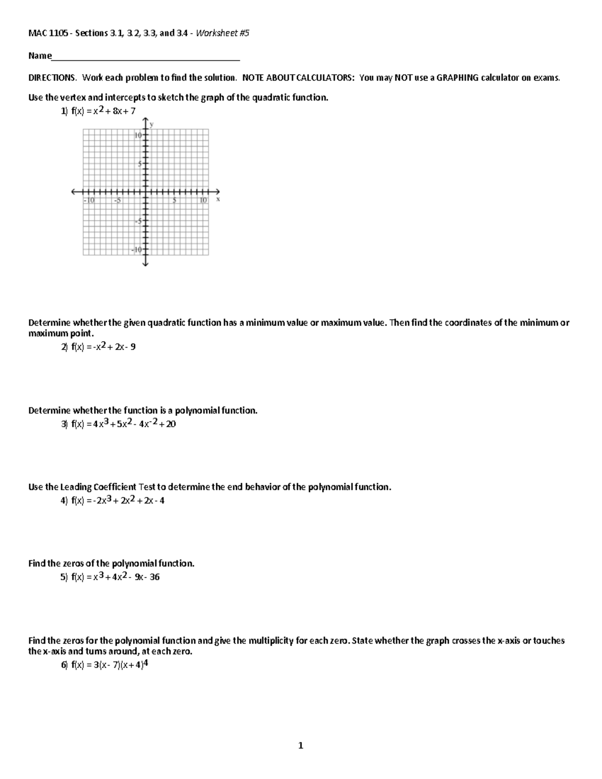 MAC 1105 - Worksheet #5 on Quadratic & Polynomial Functions - MAC 1105 ...