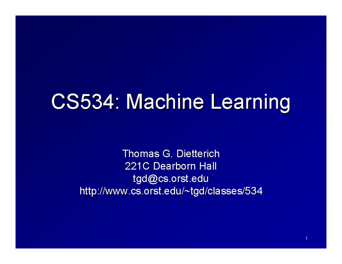 CS534: Machine Learning - Overview and Fundamental Concepts - Studocu