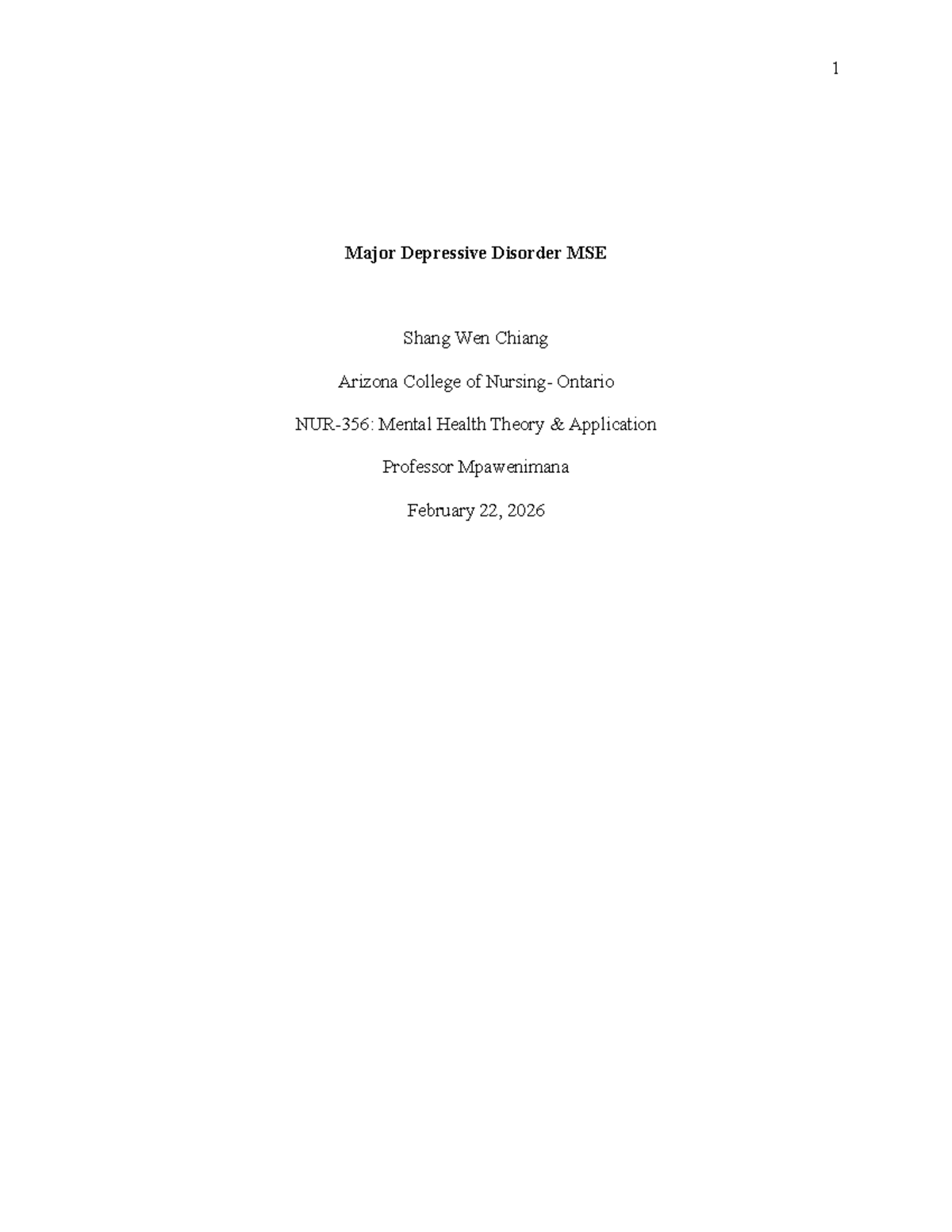 MSE Assessment for Major Depressive Disorder (MDD) - Case Study - Studocu