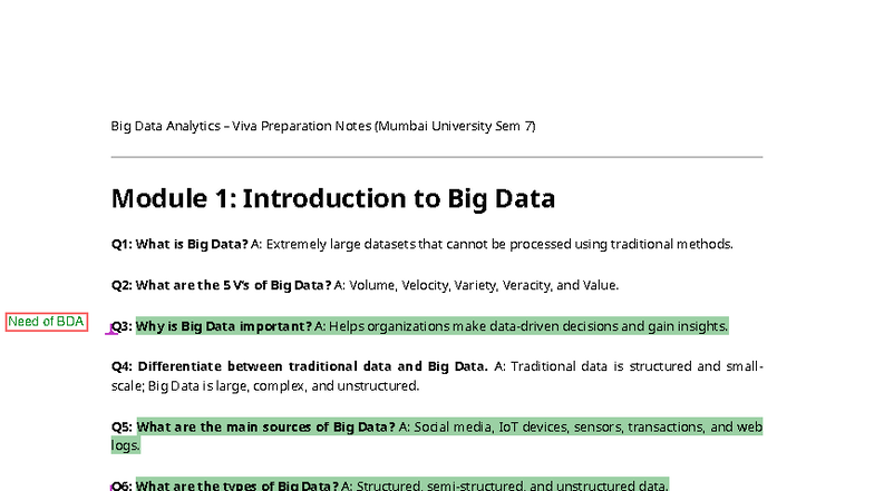 BDA Viva Preparation Notes (Mumbai University Sem 7) - Studocu