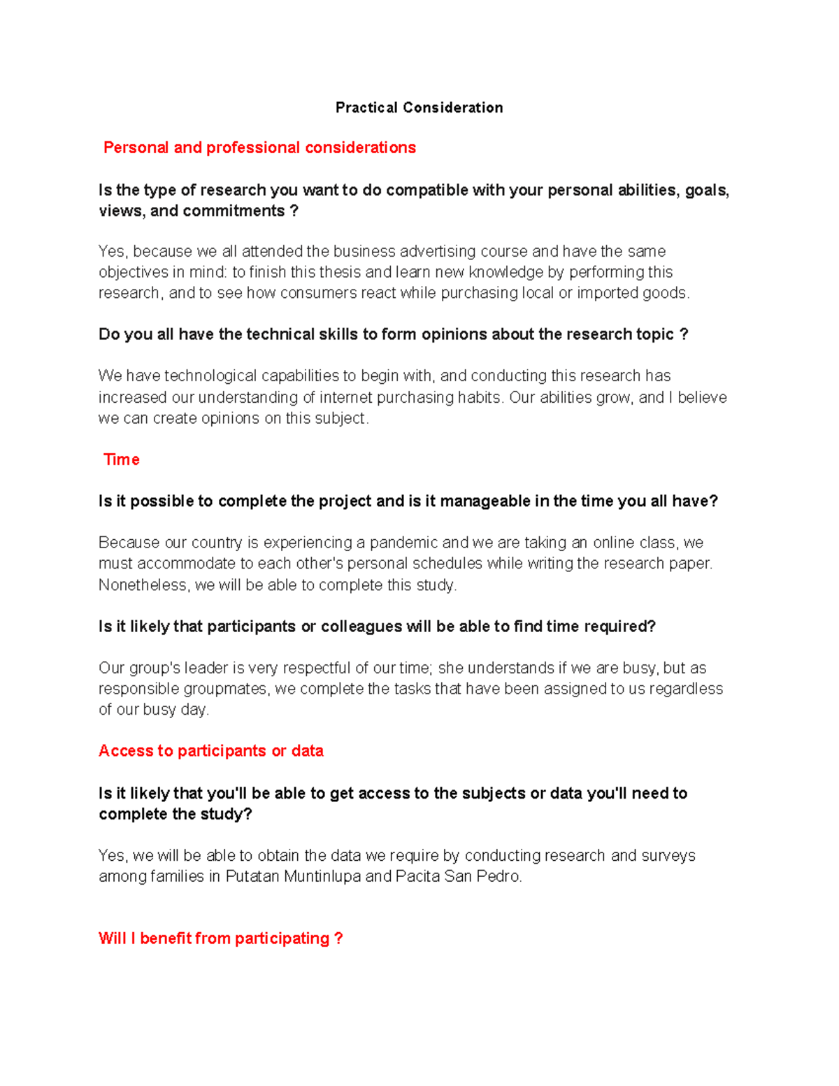 BUS 101: Practical Considerations for Research Project Completion - Studocu